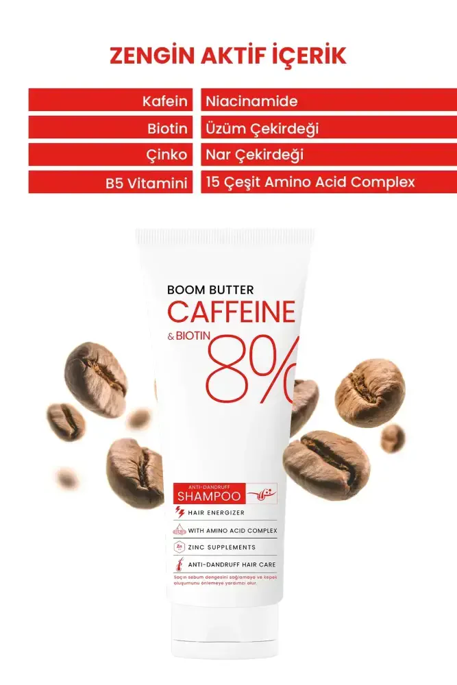 BOOM BUTTER Caffeine Biotine Yavaş Uzayan Kepeklenen Saçlar için Şampuan 250 ML - 6