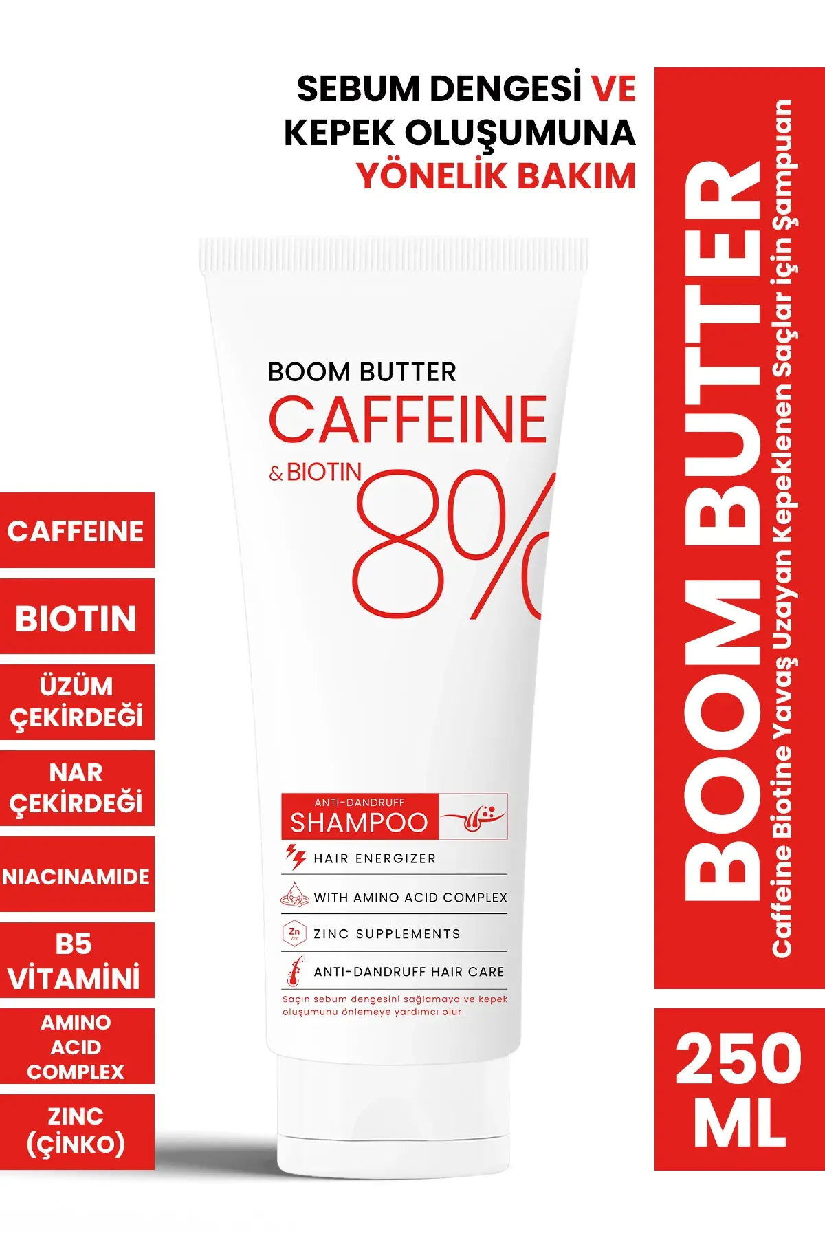 BOOM BUTTER Caffeine Biotine Yavaş Uzayan Kepeklenen Saçlar için Şampuan 250 ML - 1