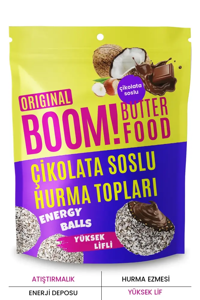 BOOM BUTTER FOOD Çikolata Soslu Kırık Fındıklı Hurma Topu 100 GR