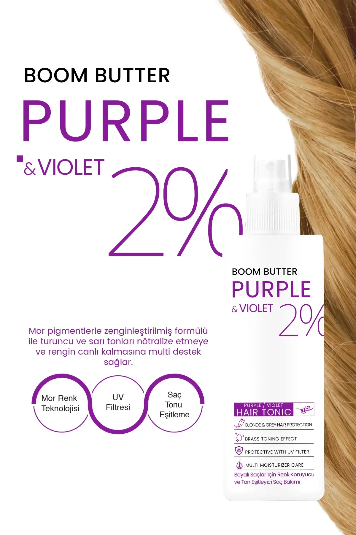 BOOM BUTTER Renk ve Saç Yapısını Koruyucu Purple Mor Saç Toniği 150ML - 4