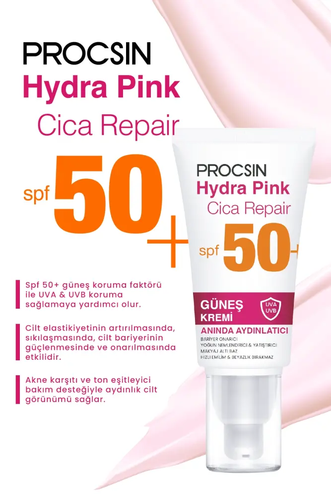 PROCSIN Hydra Pink (PEMBE) Spf50+ Bariyer Güçlendirici Cam Cilt Güneş Kremi PA++++ - 2