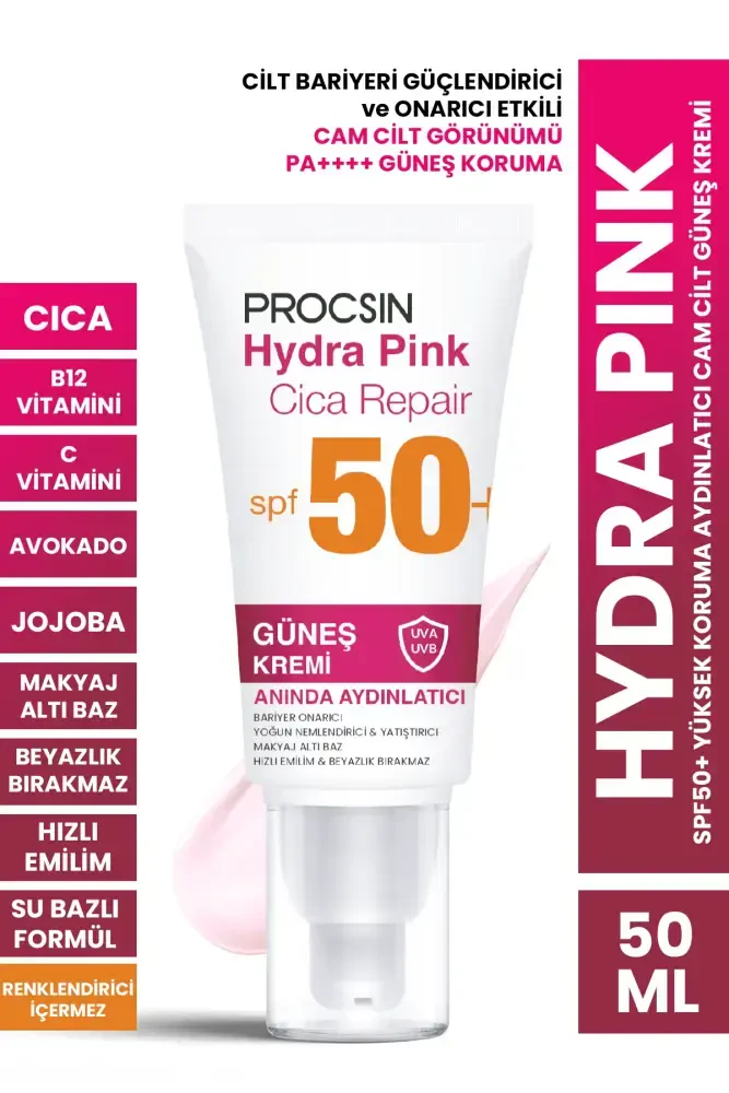 PROCSIN Hydra Pink (PEMBE) Spf50+ Bariyer Güçlendirici Cam Cilt Güneş Kremi PA++++ - PROCSIN
