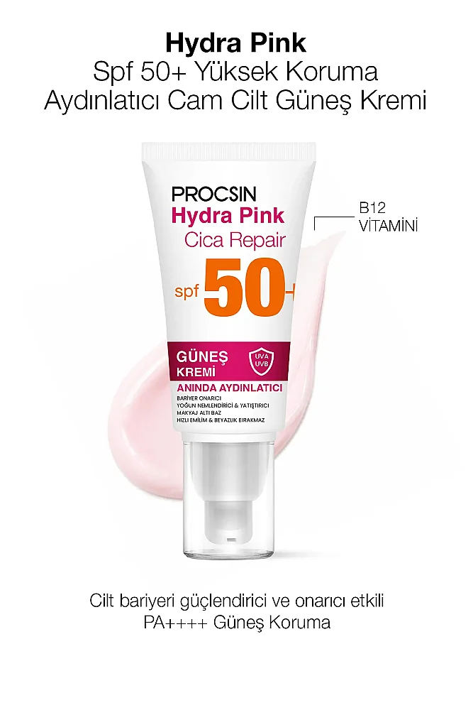 PROCSIN Hydra Pink (PEMBE) Spf50+ Bariyer Güçlendirici Cam Cilt Güneş Kremi PA++++ - PROCSIN
