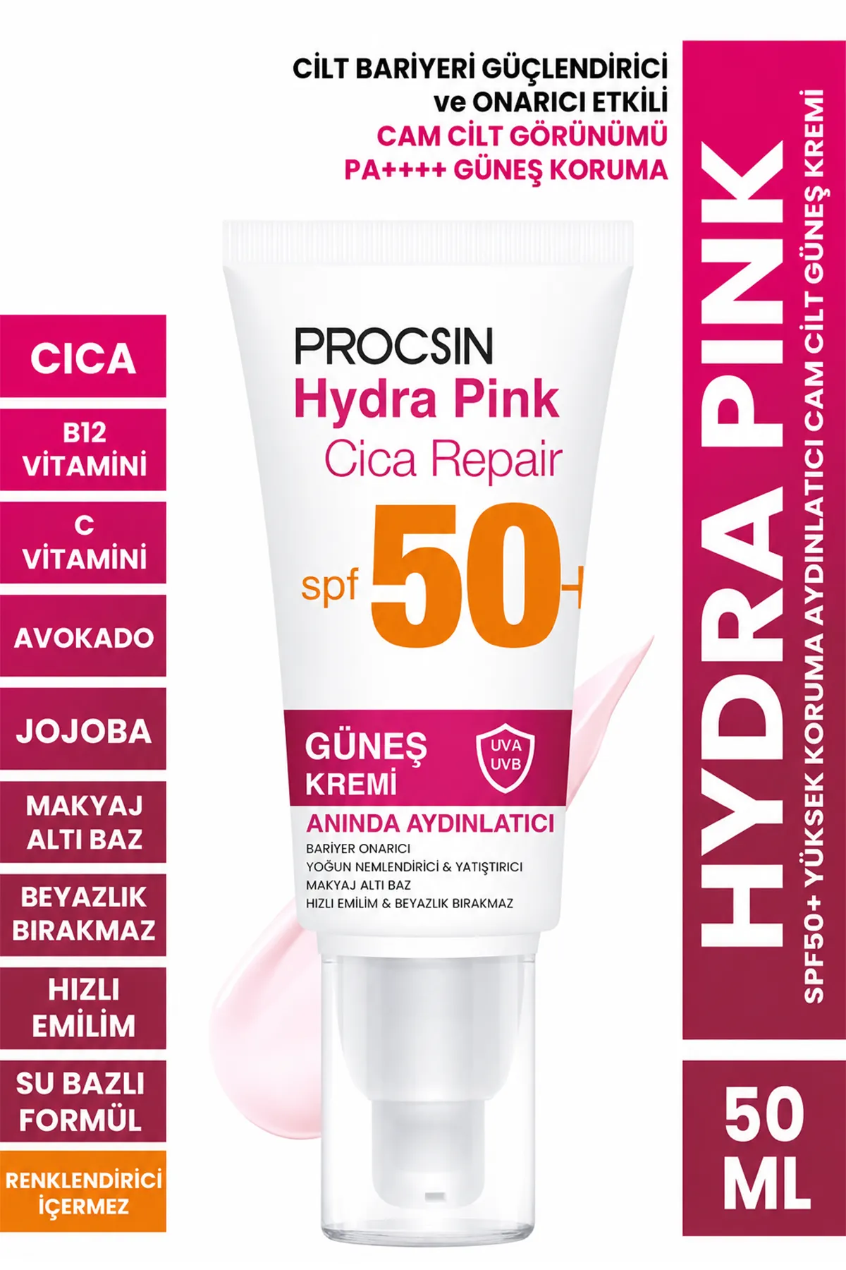 PROCSIN Hydra Pink (PEMBE) Spf50+ Bariyer Güçlendirici Cam Cilt Güneş Kremi PA++++