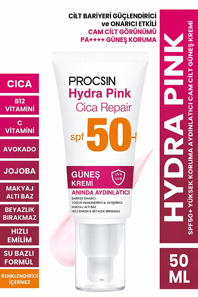 PROCSIN Hydra Pink (PEMBE) Spf50+ Bariyer Güçlendirici Cam Cilt Güneş Kremi PA++++ - PROCSIN