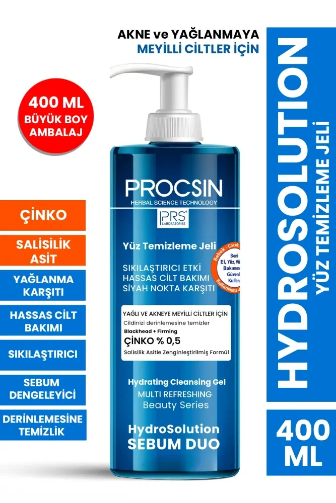 Hydrosolution Akne Karşıtı Yağ Dengeleyici Yüz Temizleme Jeli 400 ML - PROCSIN