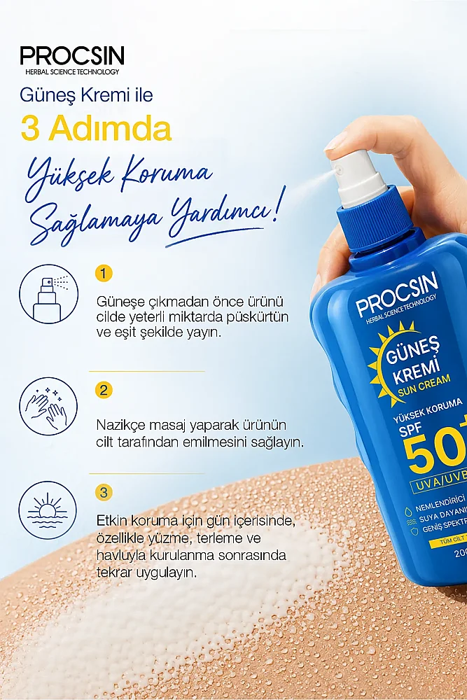 PROCSIN 50+ SPF Yüksek Koruma Güneş Kremi 200 ML - 3