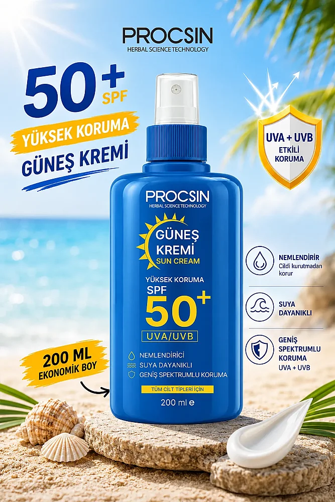 PROCSIN 50+ SPF Yüksek Koruma Güneş Kremi 200 ML - PROCSIN