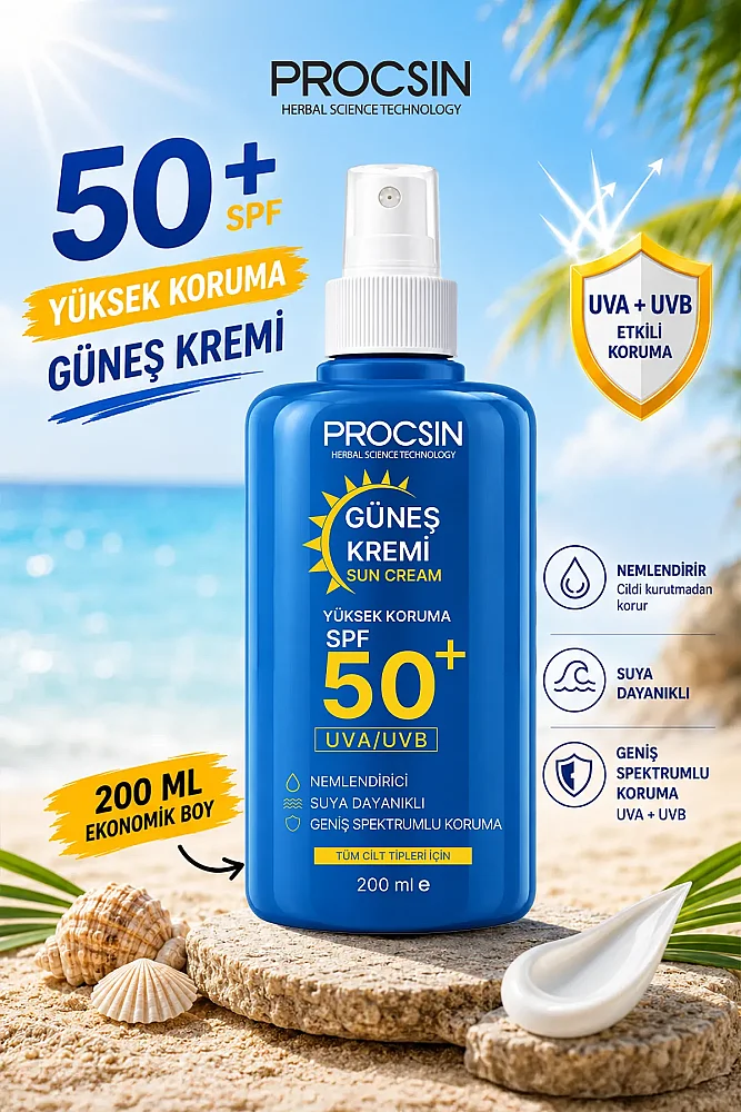 PROCSIN 50+ SPF Yüksek Koruma Güneş Kremi 200 ML - PROCSIN