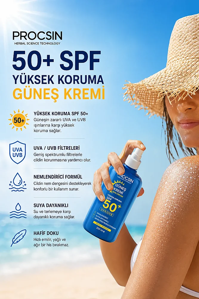 PROCSIN 50+ SPF Yüksek Koruma Güneş Kremi 200 ML - 2
