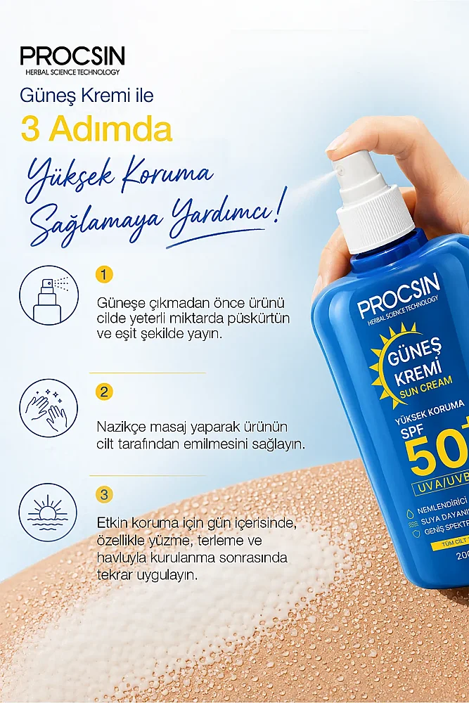 PROCSIN 50+ SPF Yüksek Koruma Güneş Kremi 200 ML - 3