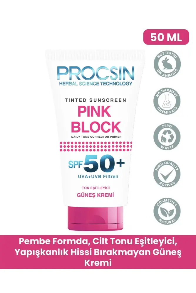 PROCSIN Pink Block Aydınlatıcı ve Ton Eşitleyici SPF50+ Güneş Kremi 50 ML - Thumbnail