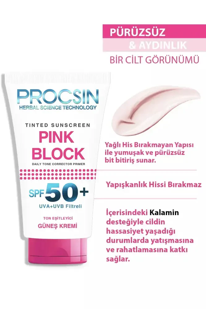 PROCSIN Pink Block Aydınlatıcı ve Ton Eşitleyici SPF50+ Güneş Kremi 50 ML - Thumbnail