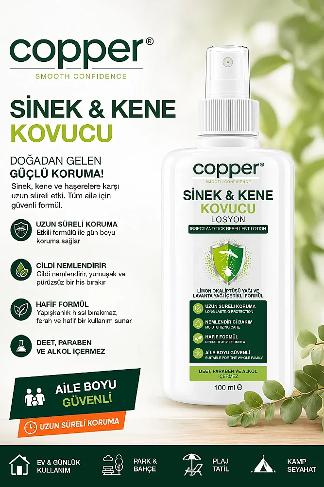 Sivrisinek ve Kene Kovucu Doğal Sprey Losyon Bitkisel Tüm Vücut İçin Seyahat Tatil Boy 100 ML - COPPER