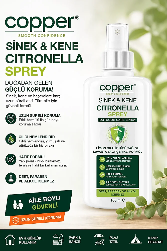 Sivrisinek ve Kene Kovucu Doğal Sprey Losyon Bitkisel Tüm Vücut İçin Seyahat Tatil Boy 100 ML - COPPER